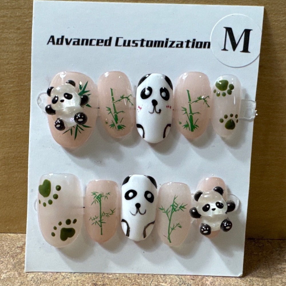 Panda Bamboo 3D Press On Nails‎ Handmade Custom Almond Shape Size M 10pc Set